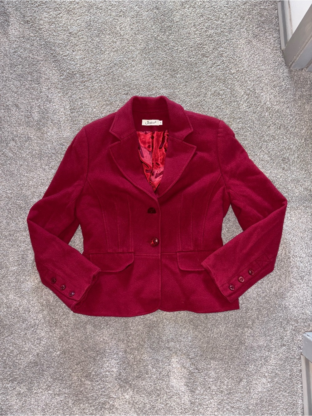 Size8-75%Wool5%Cashmere-Y2K-Women's Tailored Burgundy Blazer Jacket-Jessica